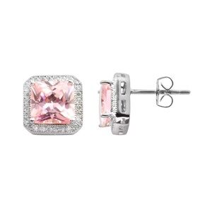The Silver Lining Silver Plated Pink & White CZ Square Frame Stud Earrings